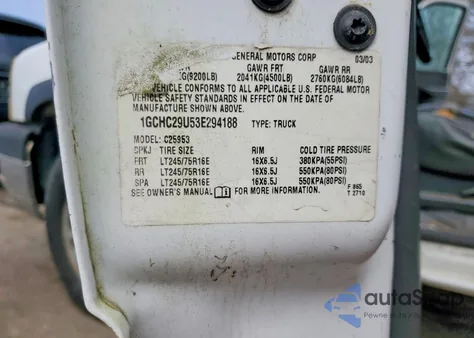 2003 Chevrolet Silverado C2500 Heavy Duty z USA, uszkodzony, nr VIN 1GCHC29U53E294188